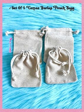 Set of 4 Burlap Canvas Drawstring Bags Rustic Gift Favor Jewelry Spice Pouches